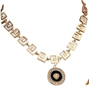 Lion Head Embossed Gold Black Dangle Rhinestone Crystal Necklace